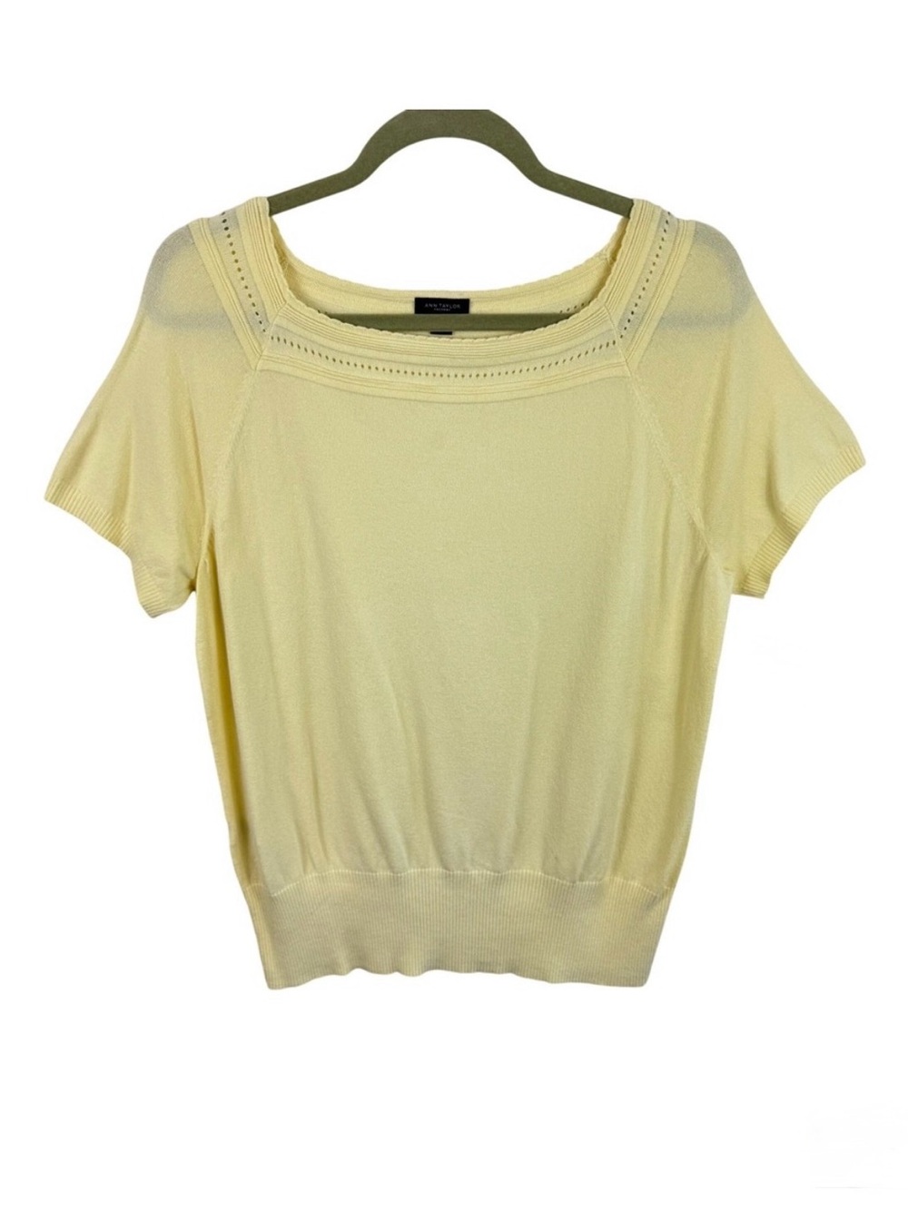 Ann Taylor Factory Womens XL Pale Yellow Square Neck Pointelle Knit Sweater Top